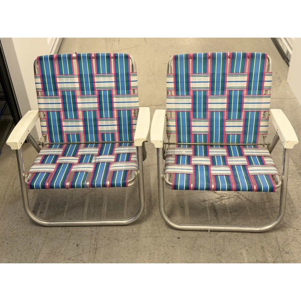 Set of Vintage 80’s Aluminum Low Profile Webbed Lawn Colorful Armrest Chair